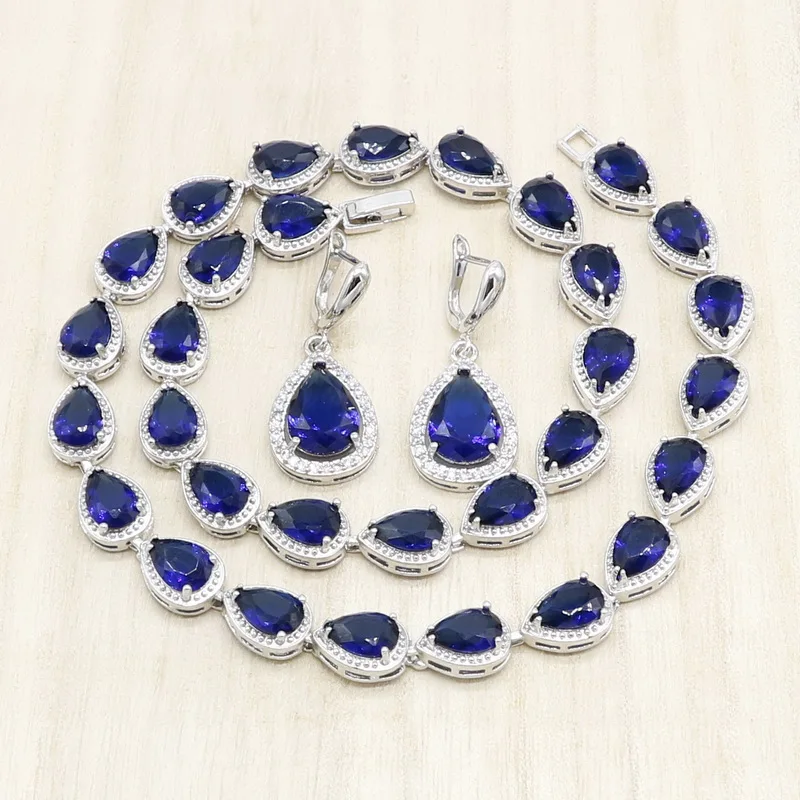 Water Drop Royal Blue Necklace Earrings Women Bridal Jewelry Sets Wedding Gift Box