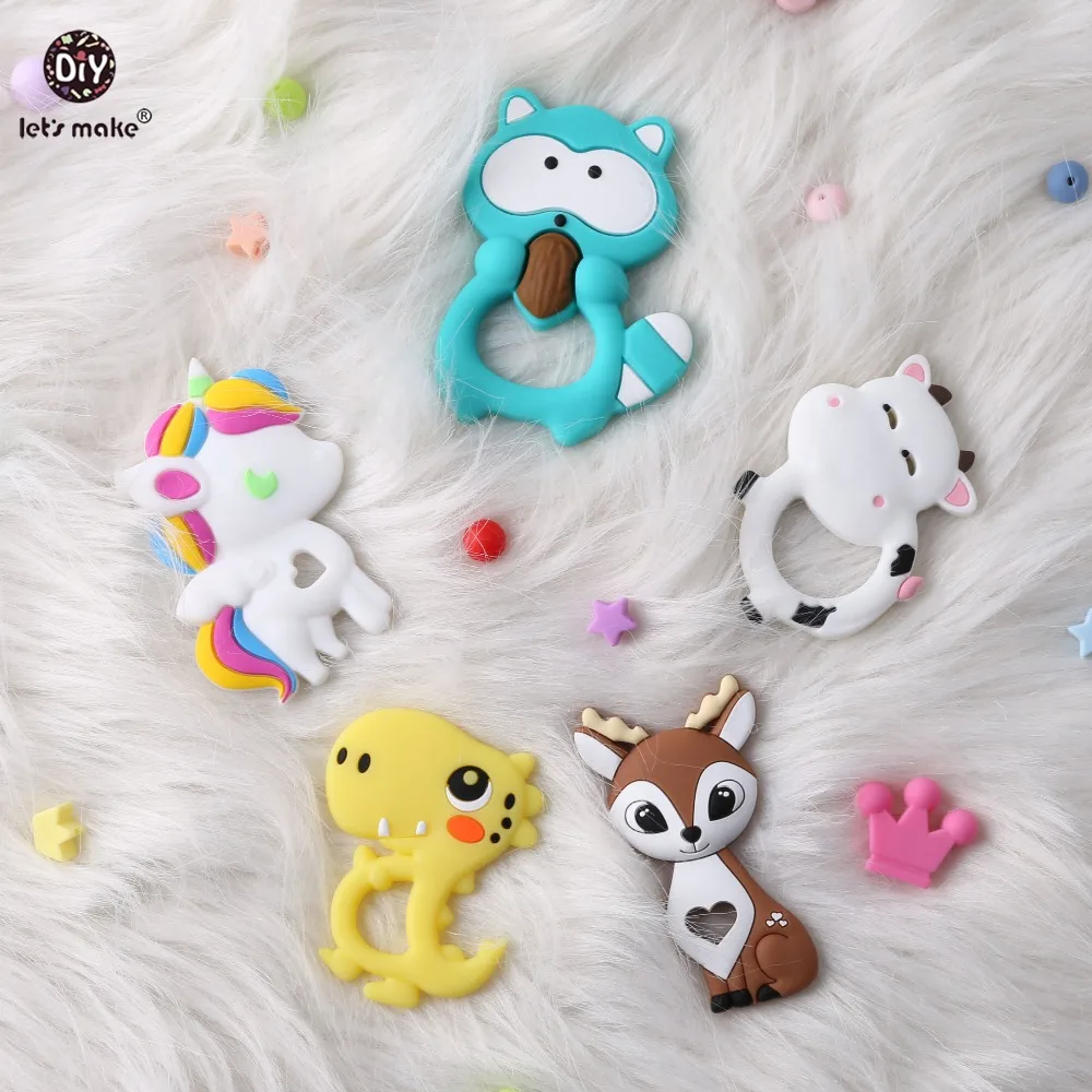 Let\'s Make Baby Teether 1pc Cartoon Heart Unicorn Fox Pendant Silicone Teether Animal DIY Pacifier Chain Necklace Teething Toys