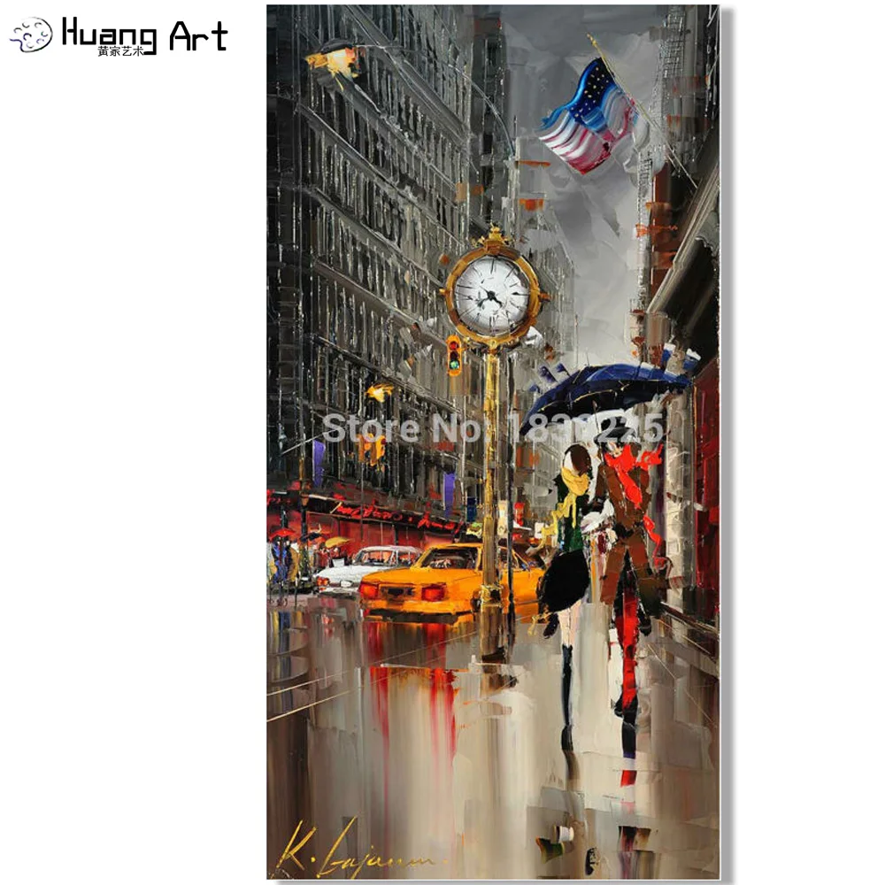 

Hand Painted Lovers Under Umbrella on New York City Street Oil Painting for Living Room Modern Knife Wall Art Picture