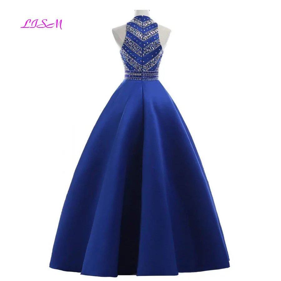 Royal Blue Crystals Prom Dresses 2022 A-lijn Mouwloos Party Jurk Met Zakken O-hals Kralen Satin Lange Formele Avondjurken