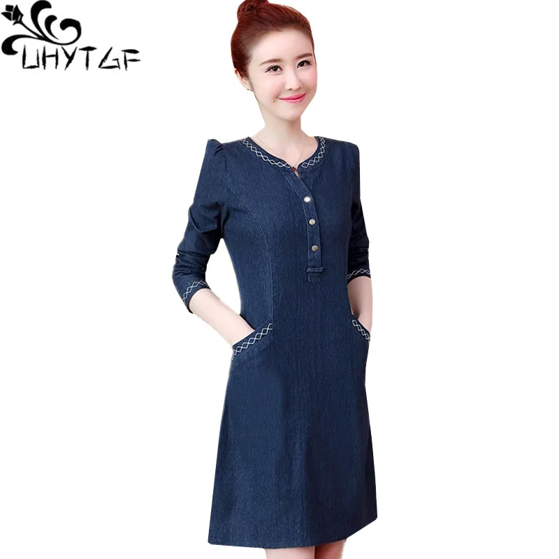 UHYTGF Korean Fashion Women Spring Autumn Denim Dress Long Sleeve Mini Dress Embroidered Pocket Female 5XL Big Size Dresses 240