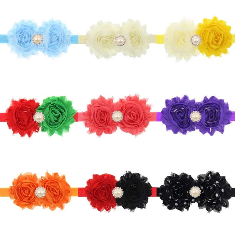 38pcs/lot Shabby Frayed Fabric Chiffon Flower with Rhinestone Ruffled FOE Elastic Kids Girl Headbands Party Decoration