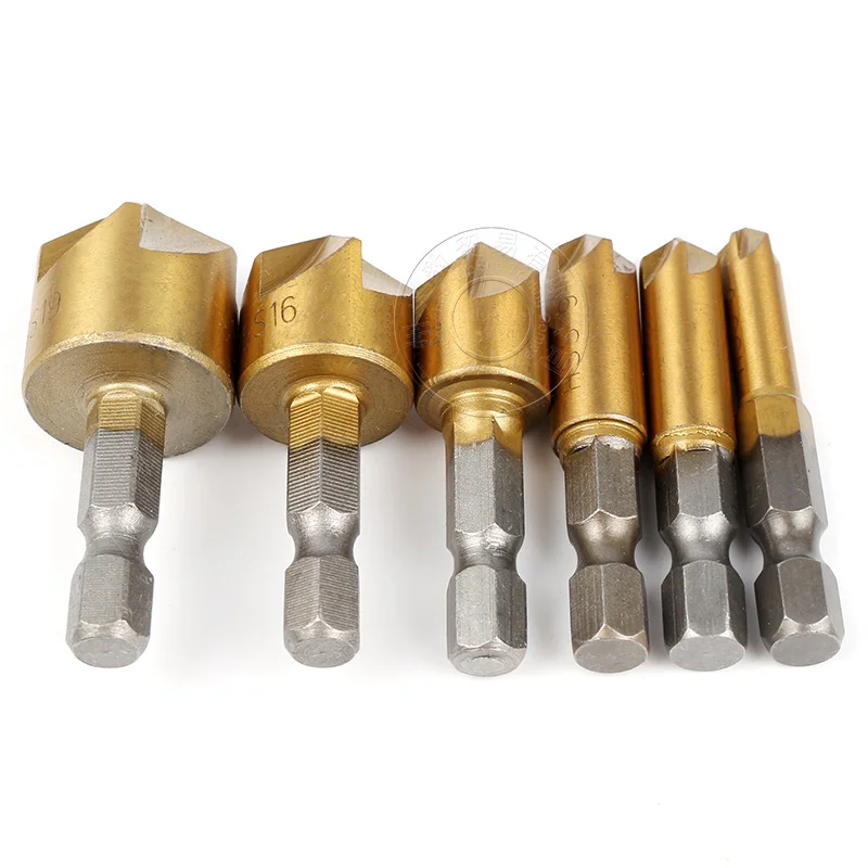 HOEN 6PCS 5 Flute HSS Drill Bit Hard Metals Natural Color Five Edge Chamfer Chamfering End Mill Cutter Countersink