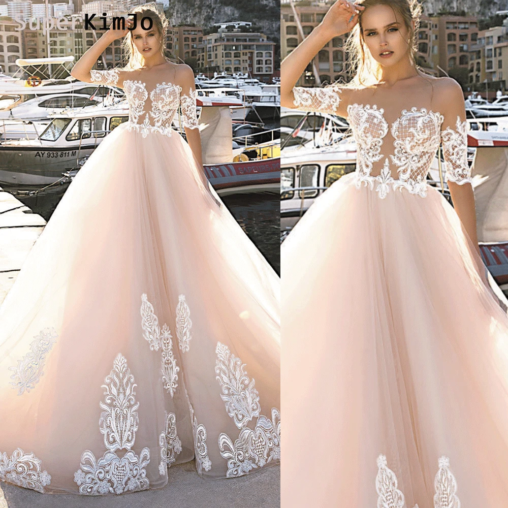 

SuperKimJo Lace Applique Wedding Dresses 2020 Pink Elegant Half Sleeve Wedding Gowns Vestido De Novia Robe De Mariee