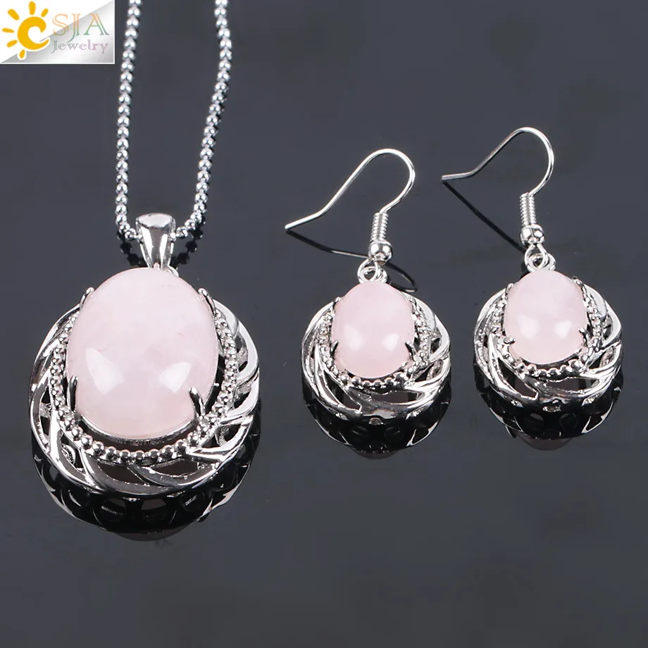 CSJA Natural Stone Bridal Party Jewelry Set for Women Dangle Earrings Necklaces Set Collection Green Aventurine Pink Quartz E904