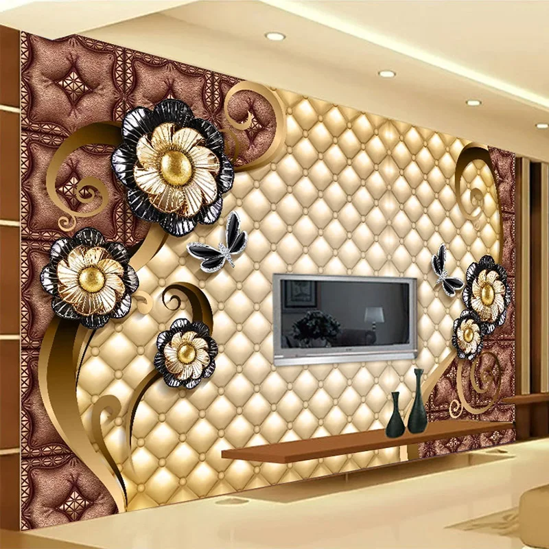 Custom 3D Mural Wallpaper Luxury Black Flowers Soft Roll Jewelry Murals Living Room Sofa Bedroom Waterproof Home Decor 3D Fresco