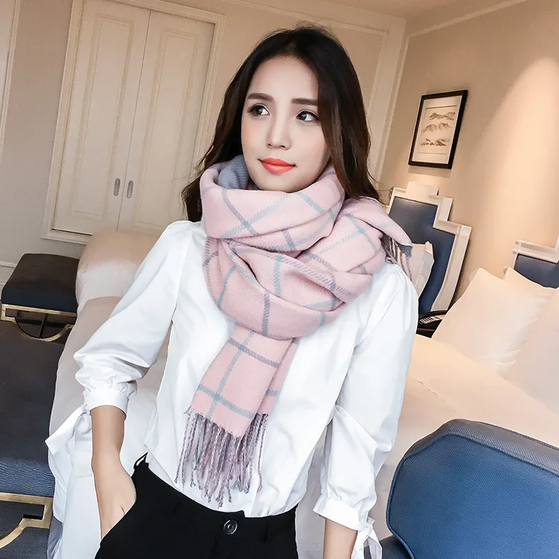 

2023 Imitation Cashmere Women Winter Scarf Preppy Style Plaid Tassel Scarve Thick Wrap Shawl Lady Bandana Bufanda Foulard Stoles