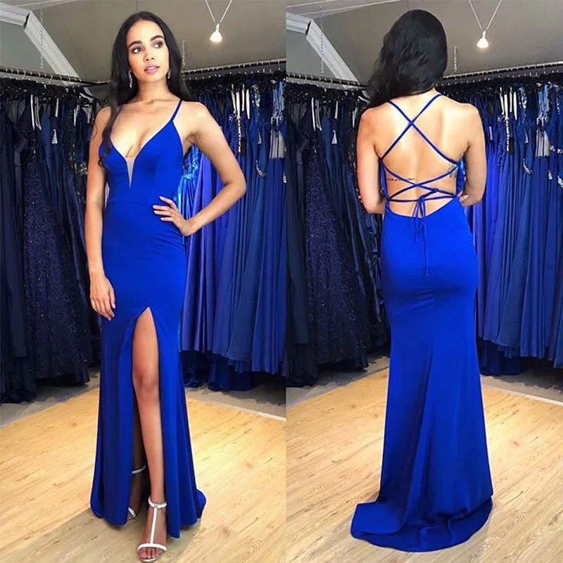 Sexy długi wieczór Dress przednia podziel Spaghetti pasy Royal Blue syrenka styl Backless kobiety trąbka kolacja oficjalna sukienka na imprezę