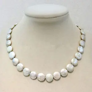 Freshwater pearl necklace Coin shape white12-13 mm 17INCH Metal clasp