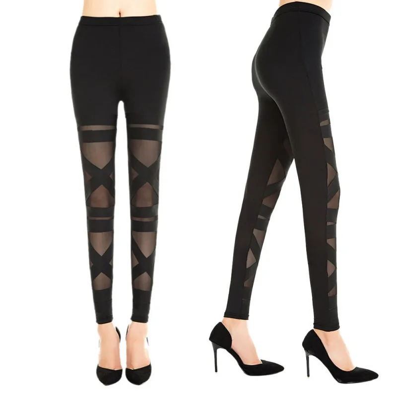 

Summer Slim Leggings Mesh Womens Leggins Sexy Legging Black Punk Rock Elastic Bandage Femme Full Pants