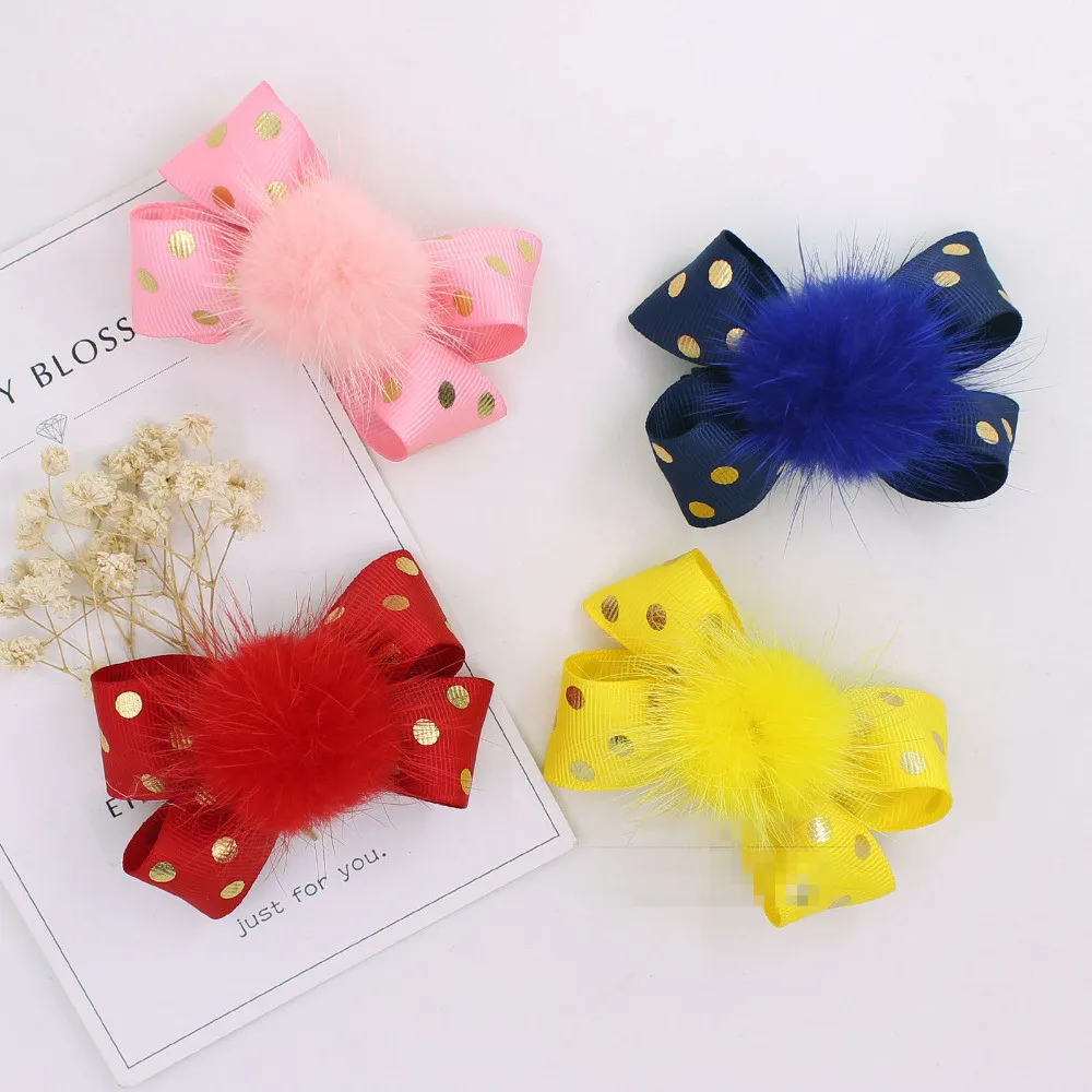 

Boutique Fashion Cute Fur Pom Pom Bow Hairpins Kawaii Solid Glitter Polka Dot Ribbon Bowknot Hair Clips Headwear Accessories