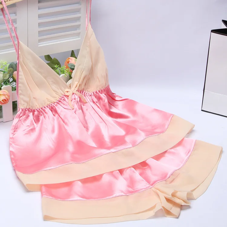 

Best Selling women's Pajama Set Free Shipping two-pieces Deep v-neck Suspender Nightgown + Short Pants Silk Summer Sleepwear Set