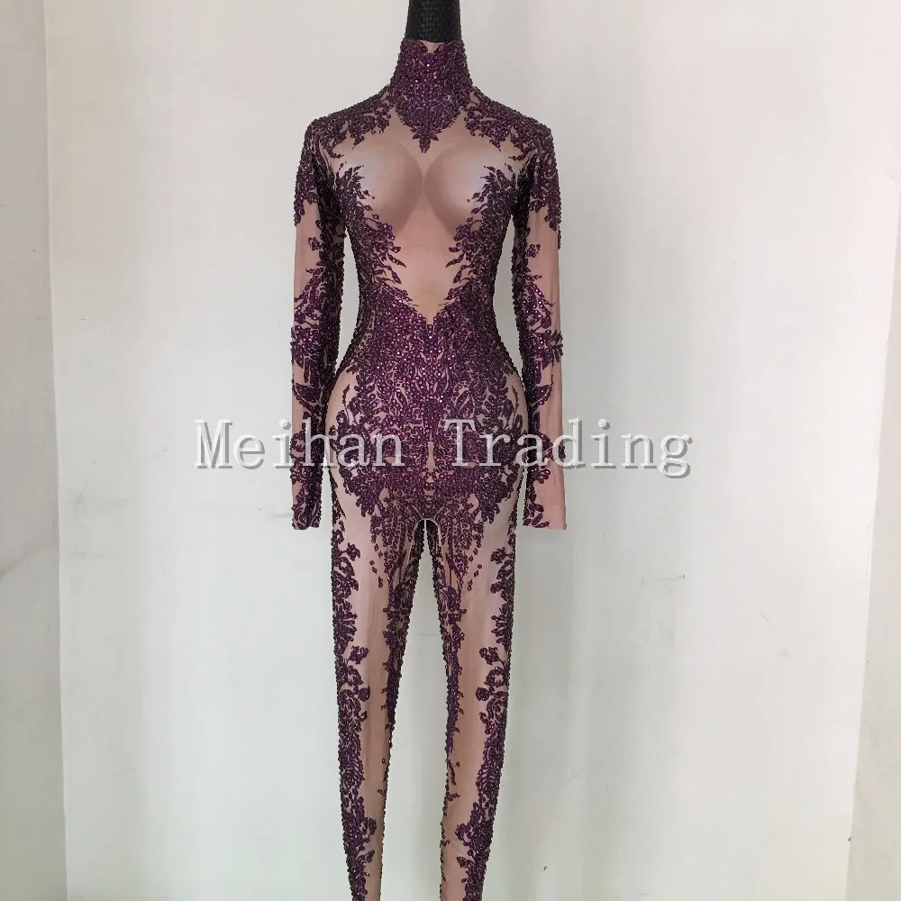 Hot Fashion Sexy Purple Bodysuit Rhinestones Jumpsuits Nightclub Dance Wear Long Sleeve Bodysuit Costume Female Party Wear