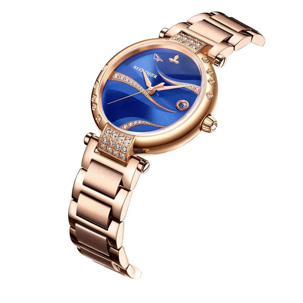 Reef Tiger/RT Women Sapphire Crystal Watches Green Dial Rose Gold Calendar Stainless Steel Automatic Diamond Dress Watch RGA1589