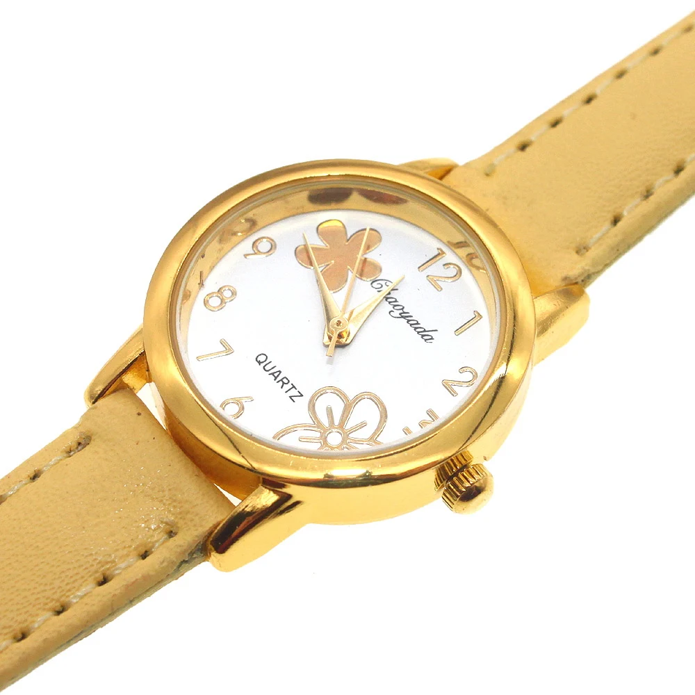 Popular Fashion White Flowers Dial Women Watches Yellow Leather Bracelet White Dial Lady Quartz Girls Wristwatch U55