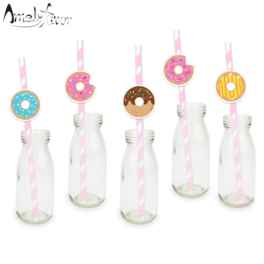 Donut Thema Party Papier Rietjes 25Pcs Thee Tijd Donuts Dessert Baby Kids Event Birthday Party Decoraties Rietje Benodigdheden