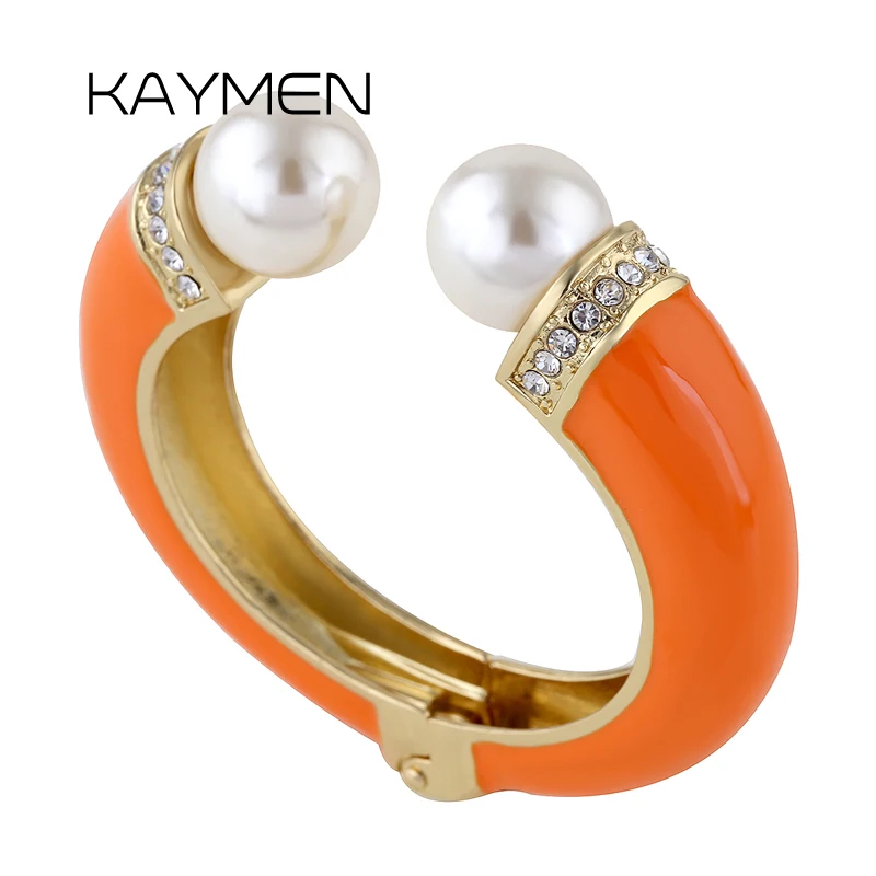 KAYMEN New Fashion Women 9 Colors Double Imitation Pearls and Rhinestones Enamels Bracelet Statement Bangle BR-03155 wholesale