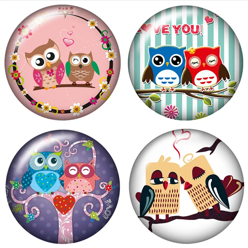 

New Love couple owls friends 1lot(10pcs) 12mm/16mm/18mm/25mm Round photo glass cabochon demo flat back Making findings ZB0469