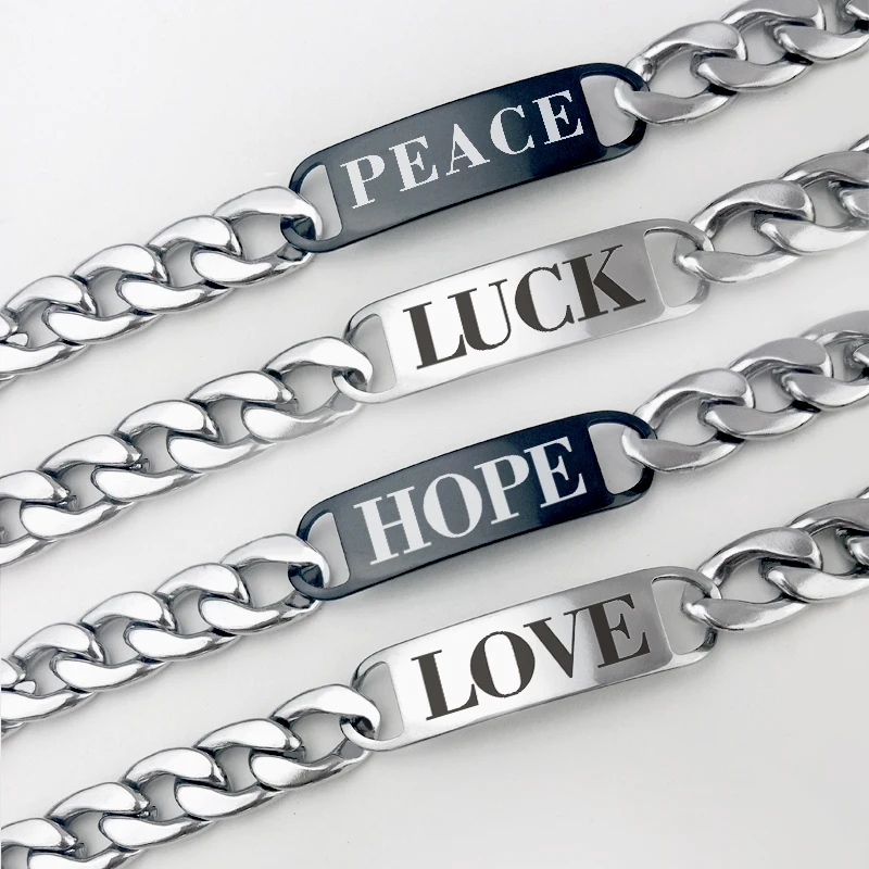 Men English Letters Love Peace Hope Lucky Bracelet Engraving Punk Stainless Steel Fashion Accessories Jewelry