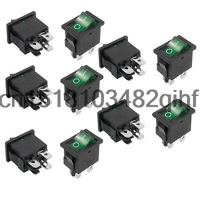 10 Pcs 4 Pin DPST Green Neon Light On/Off Rocker Switch AC 6A/250V 10A/125V