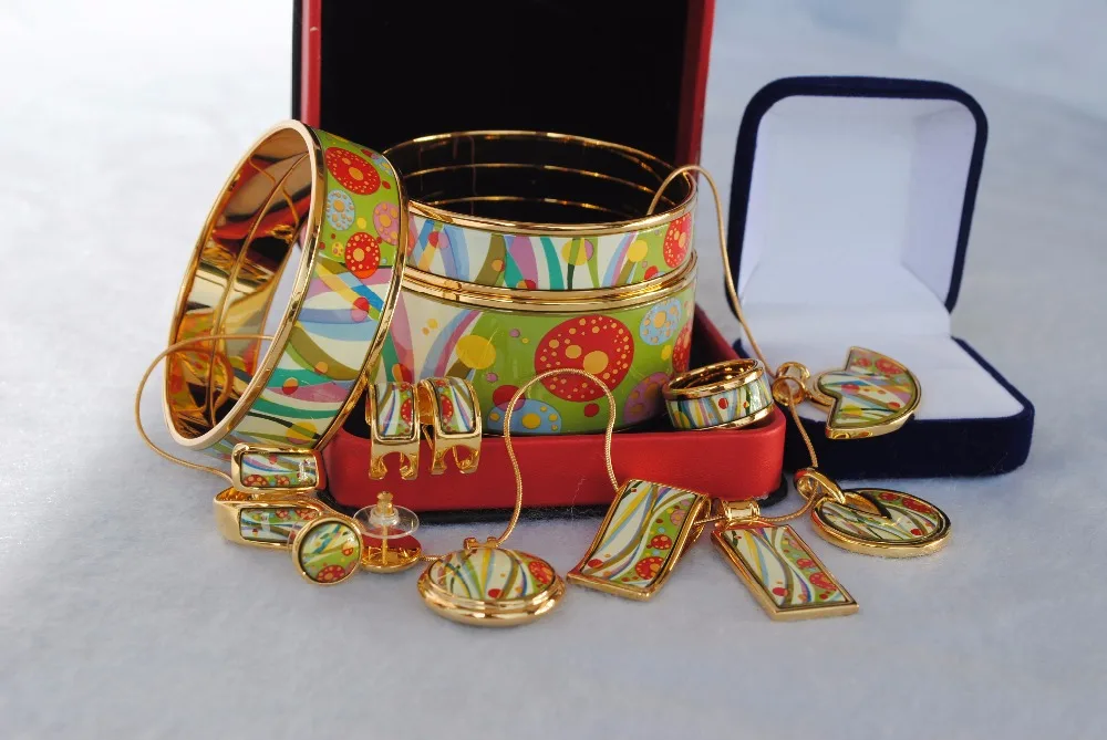 

Cloisonne enamel jewelry European and American style Bracelet ring earrings necklace pendant 5-piece set