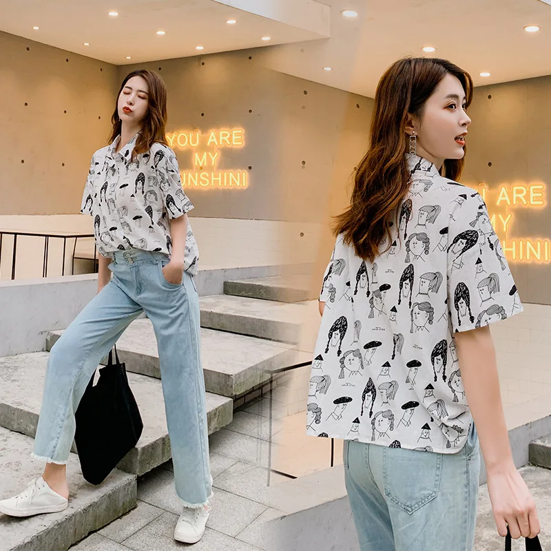 

Printed Short Sleeve Girl Shirt Clothes Female Student Summer New Loose Turn Down Collar Casual Blouse Women Fashion Top H9007