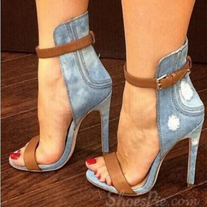 

Sexy Washable Denim Cloth Cover Heels Sandals Women Ankle Strap Buckled Cowboy Thin High Heel Sandals Summer Simple Dress Shoes