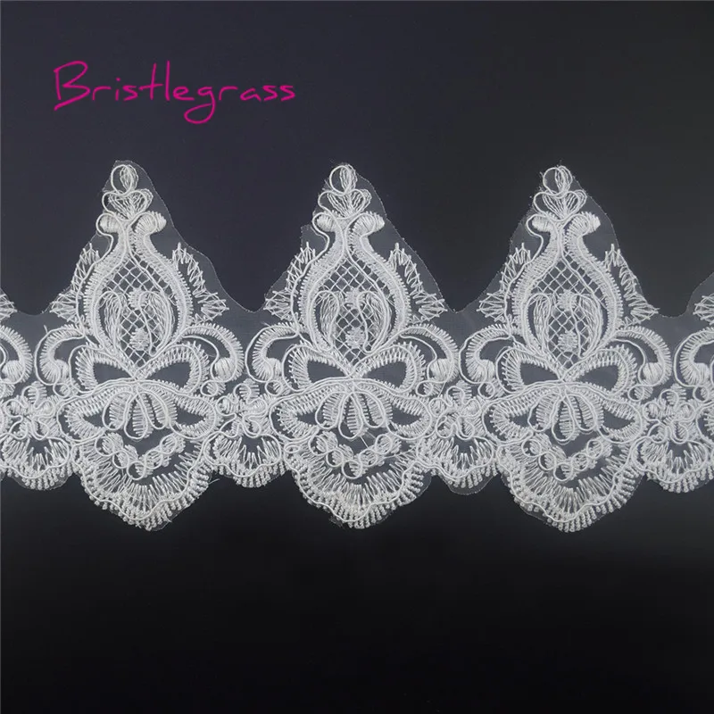 BRISTLEGRASS 1 Yard White Embroidered Flower Vine Tulle Mesh Lace Trims Applique Patch Bridal Wedding Dress Costume Sewing Craft