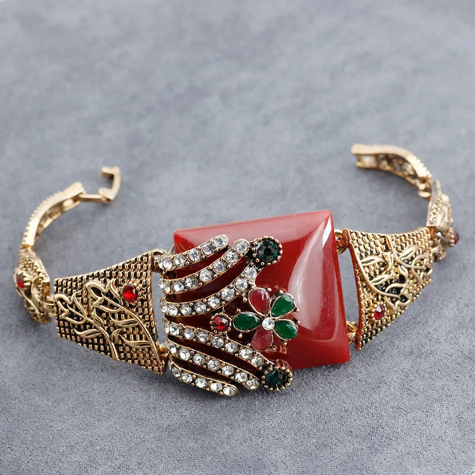 2020 Turkish Vintage Flower Cuff Bracelets For Women Resin Crystal Bangle Bohemia Pastoral Style Natural Stone Jewelry Wholesale