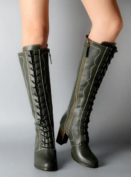 Top New Winter Woman Green/Burgundy Round Toe Genuine Leather Zipper Lace Up Rough Heels Knee High Leather Knight Long Boots