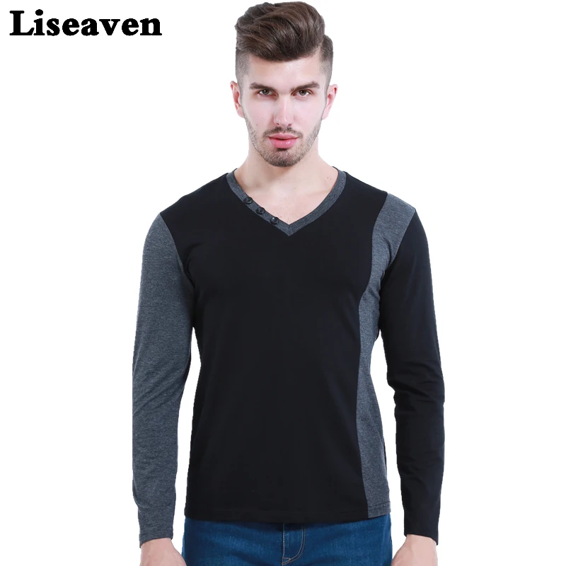 Liseaven Men's V Neck Long Sleeve T-Shirt Korean Fashion Cotton Slim Fitted T Shirt Casual Tops & Tees Plus Size 4XL 5XL