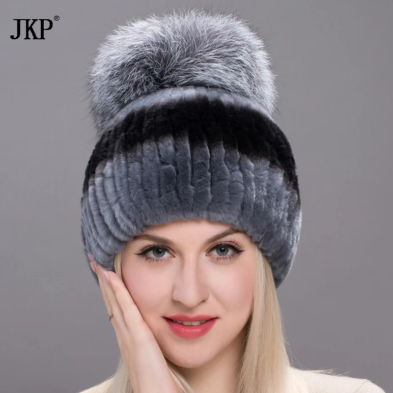 Winter Rex Rabbit Fur Hat For Women With Fox Fur Pompoms Knitted Top Hats Fur Hats Brand New Causal Caps Good Quality THY17-08