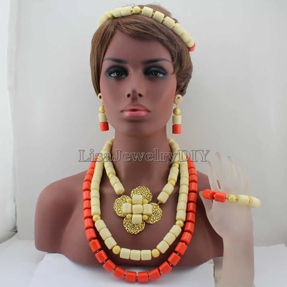 

New Fashion Necklace/Bracelet/Earring ang Headband African Beads Jewelry Set Nigerian Wedding Coral Beads Jewelry Set HD7811