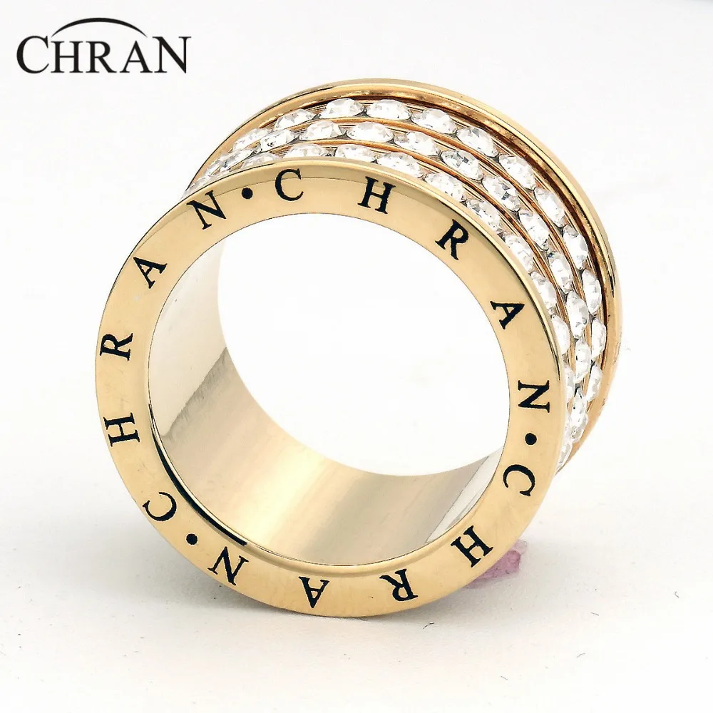 Chran Fashion 3 Pave Full Crystal Big Wedding Rings for Women Romantic Cubic Zirconia Ring Bague Femme Gold-Color Ring Female