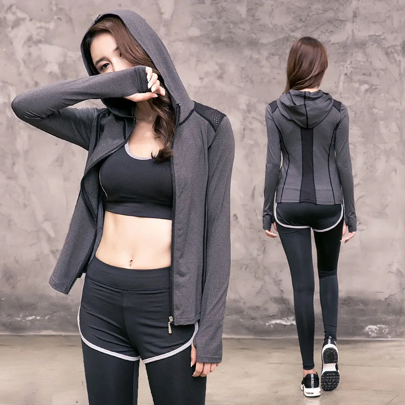 

2019 women's Yoga set outdoor Fitness running sports suit jacket+pant+bra (3 piece/set) Hooded jacket and quick-drying pants bra