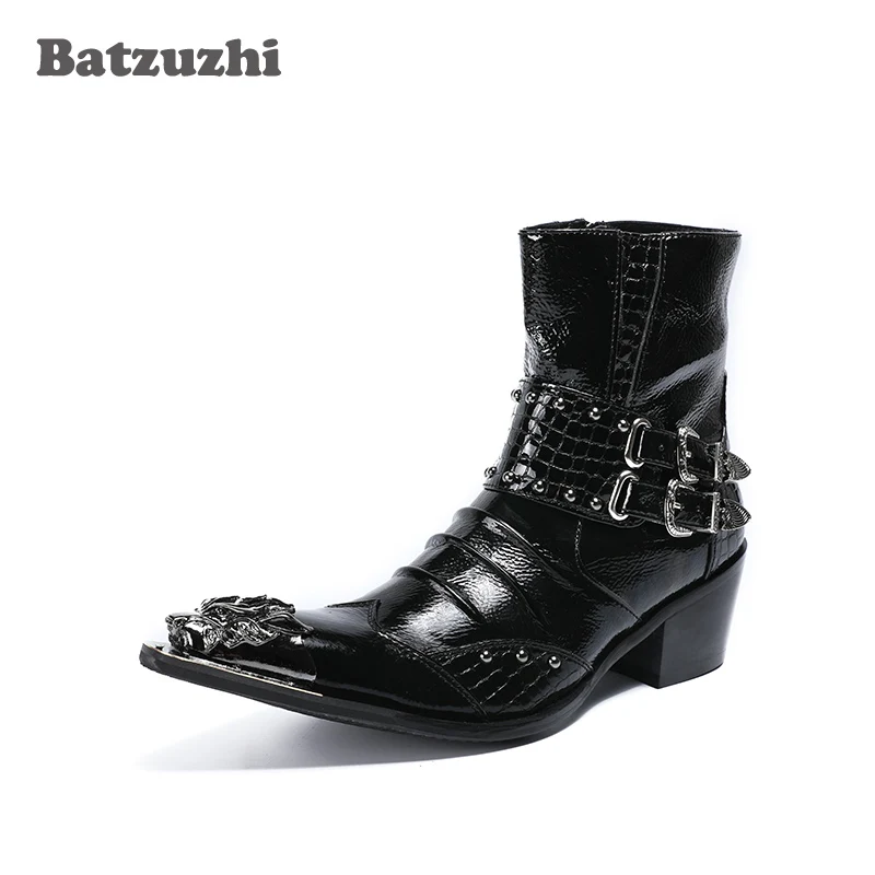 Batzuzhzi 6.5cm Heels Men Boots Black Leather Dress Boots Metal Tip Botas Hombre with Buckles Punk Rock Motocycle Short Boots