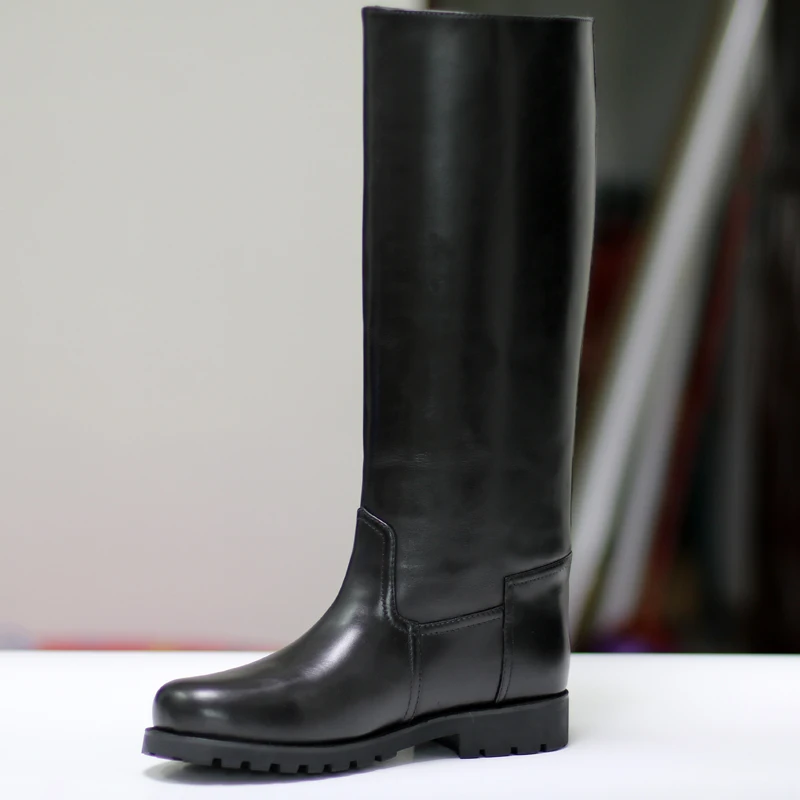 Custom goods Hot Selling Men Black Knee High Boot British Desiger Round Toe Back Zip Long Boot Shoes Man Motorcycle Boot Size