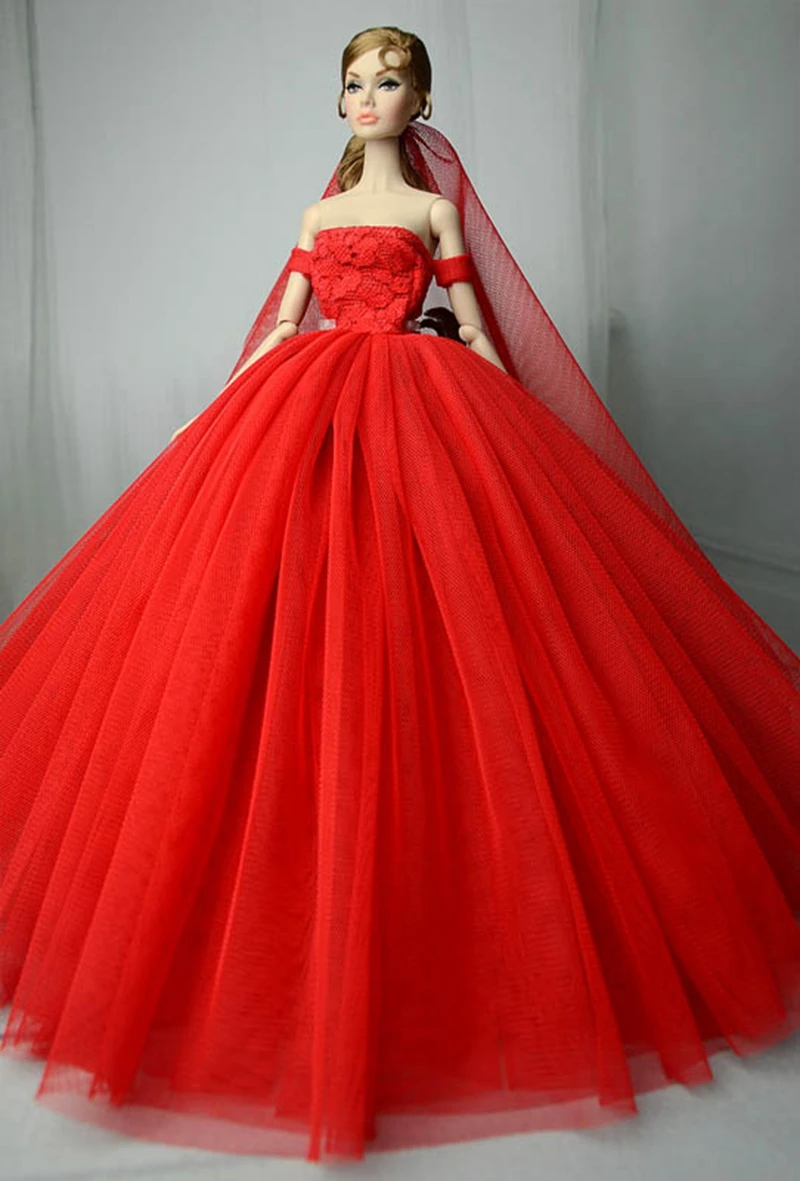 Red Wedding Dress for Barbie Doll Princess Evening Party Gown Clothes Wears Long Dress Outfits With Veil 1/6 Doll Accessories image 2