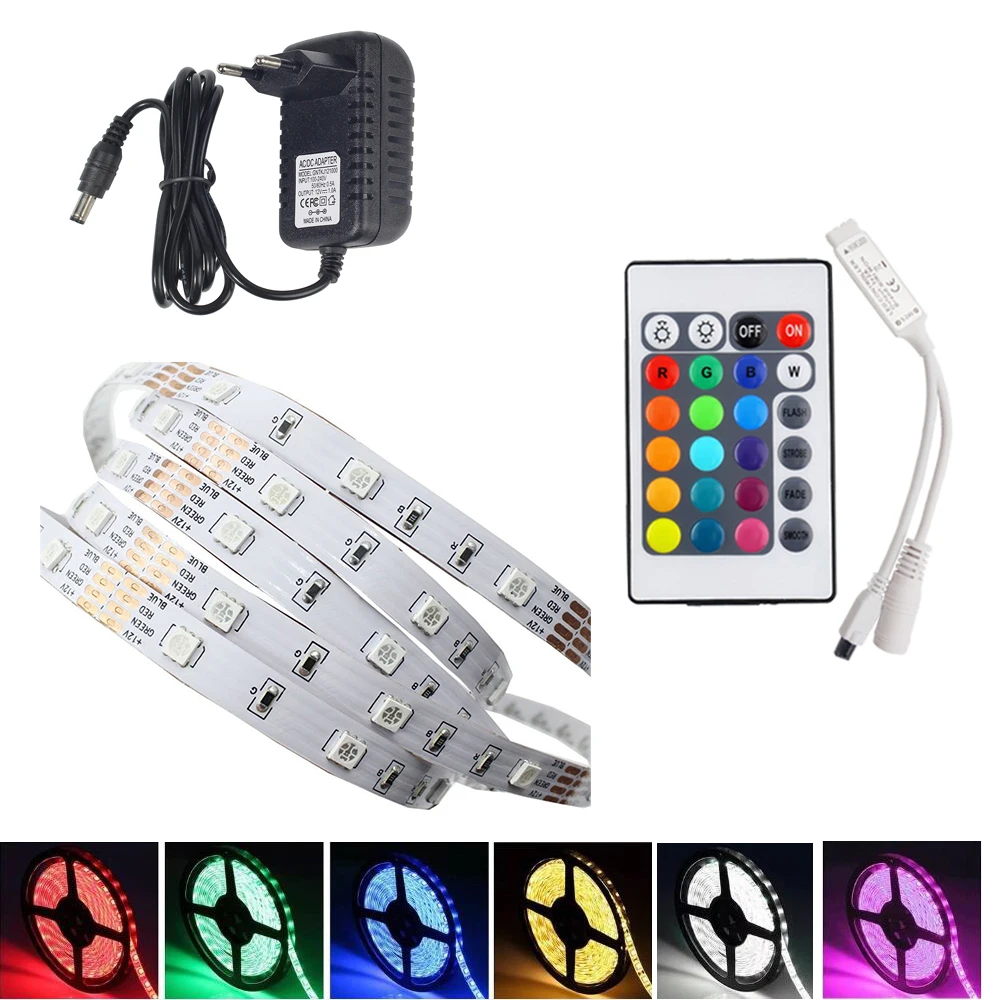 

Светодиодная лента, гибкая лента 5050 RGB, полоса 5 м, Диодная лента с 24-кнопочным мини-контроллером и светодиодным блоком питания