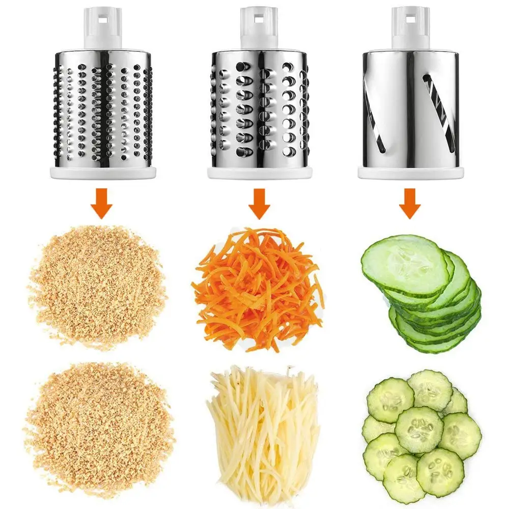 Vegetable Slicer Cheese Grater Rotary Rotary Drum Grater 3-Blades Manual Vegetable Mandoline Chopper with Suction Cup