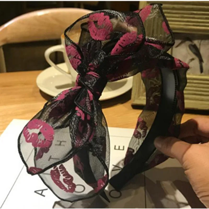 Black Mesh Bow Headband for Women Double Layers Bow Hairband with Lips Print Adults Side Bow Headband Girls Bow Hairband Toothed