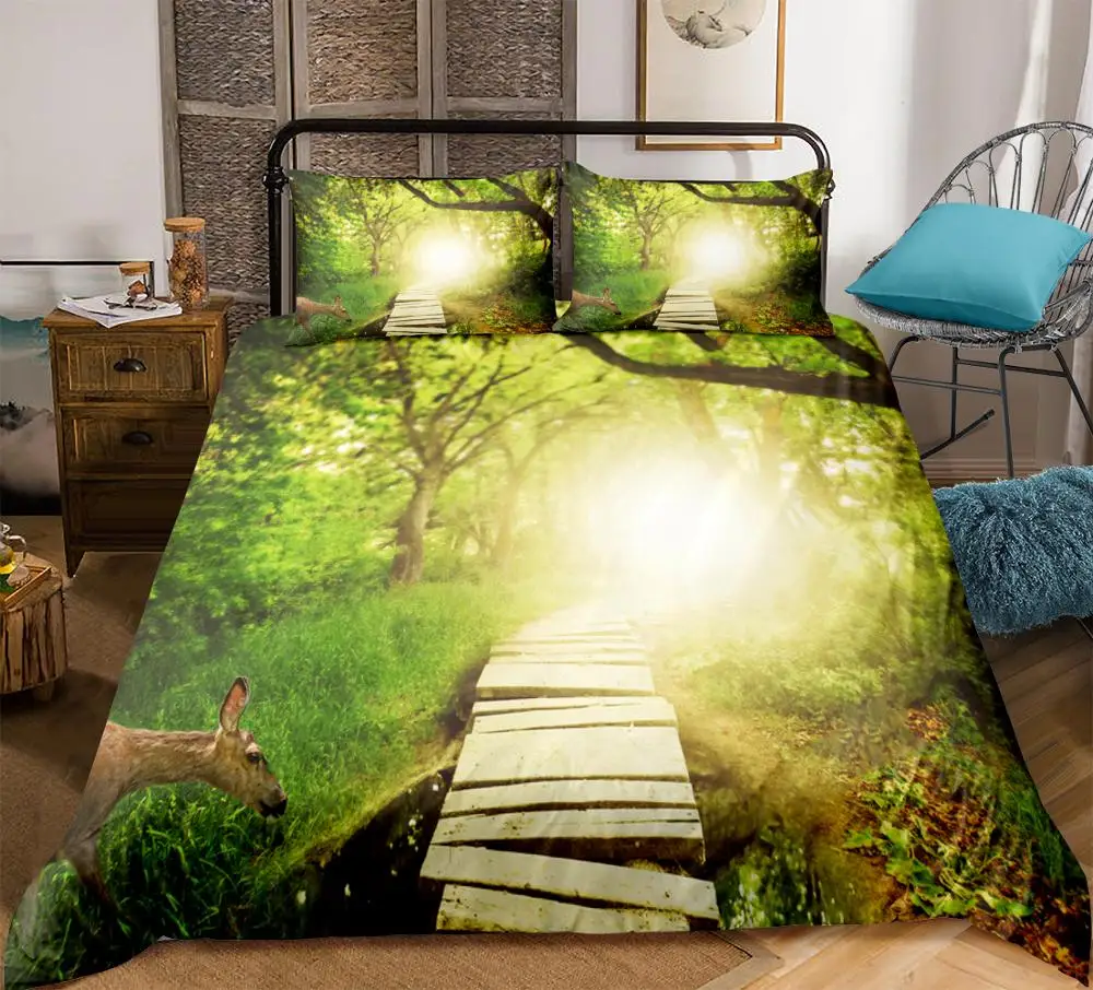 natural Bedding Set Forest Dreamland Print Duvet Cover Set 3D Dreamy Bedclothes green Home Textiles twin queen double dropship