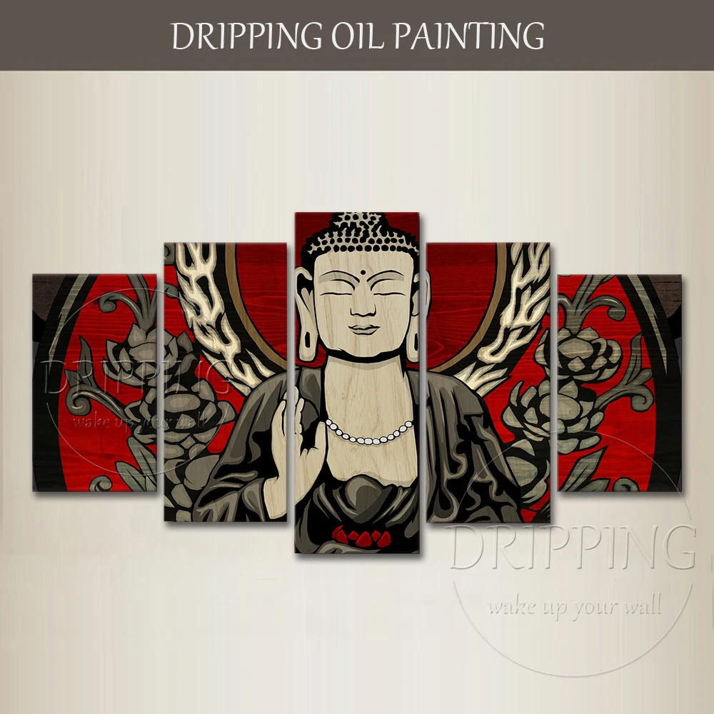 Skilled Artist Hand-painted High Quality 5 Pieces Buddha Portrait Oil Painting on Canvas Combined Wall Art Buddha Oil Painting