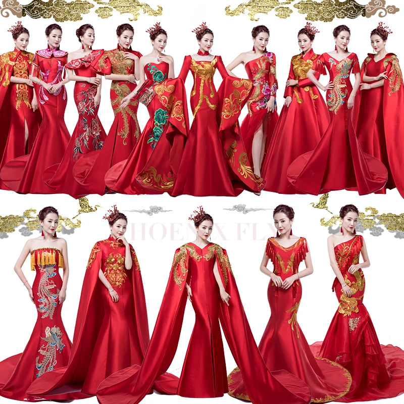 100%real chinese traditional red phonix embroidery mermaid dress with luxury cloak/can cusotms size/many styles to choose