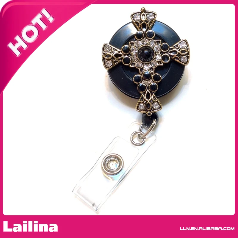 

Bling Rhinestone Retractable Badge Reel/ ID Badge Holder / Brooch / Pendant / Reels (Antique Gold Black Stone Cross)