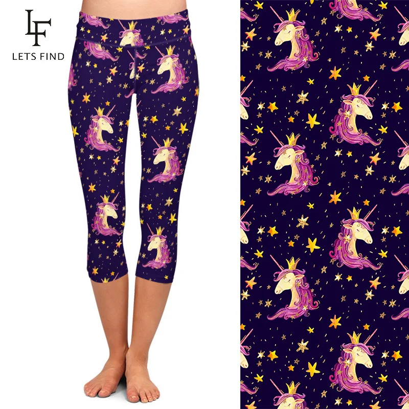 LETSFIND Fashion 3D Unicorns and Stars Digital Printing Women Capri Leggings New High Waist Milk Silk Print Mid-Calf Leggings