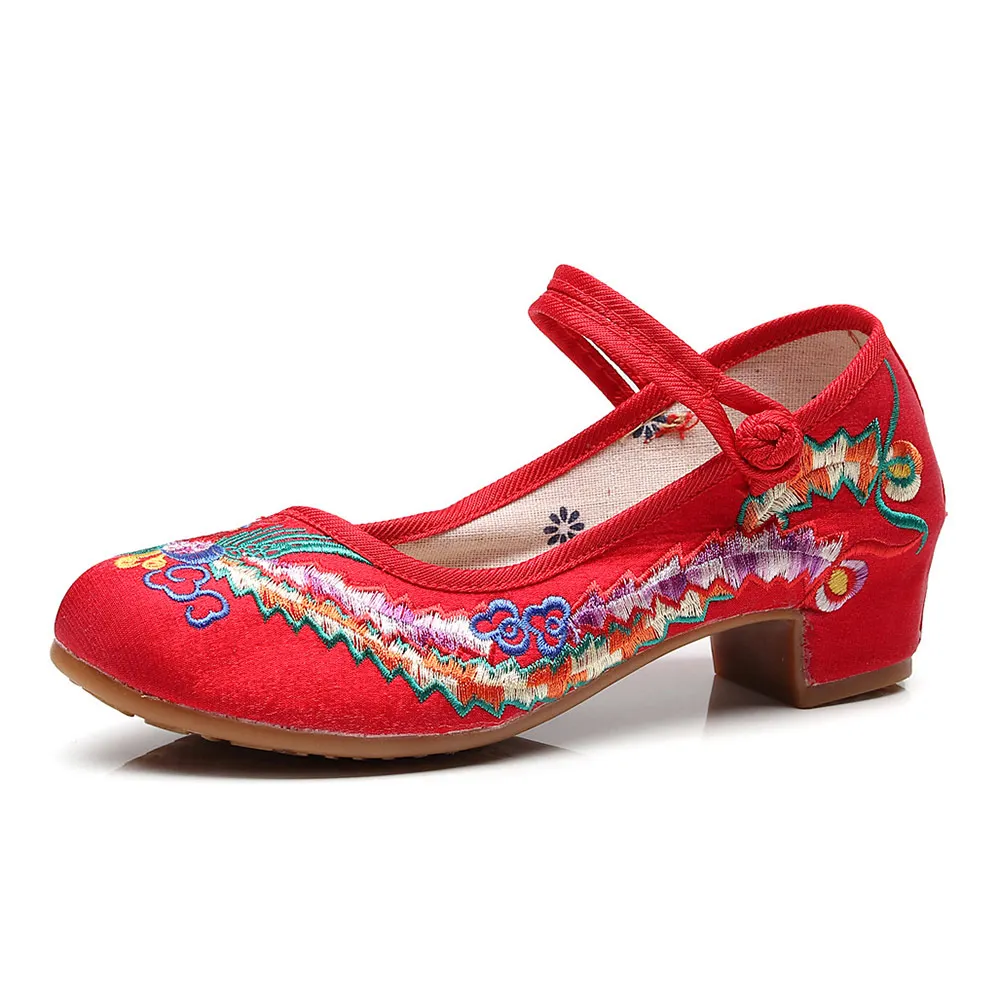 Veowalk Phoenix Embroidered Women Canvas Block Heel Shoes Instep Strap Elegant Ladies Retro Chinese Cheongsam Matched Pumps