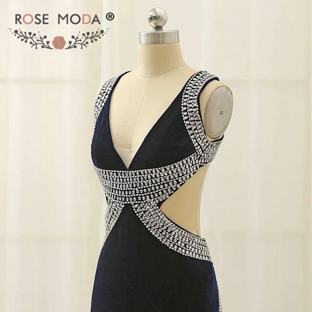 Rose Moda مثير الخامس الرقبة البحرية المخملية فستان سهرة مع شق عالية صور حقيقية