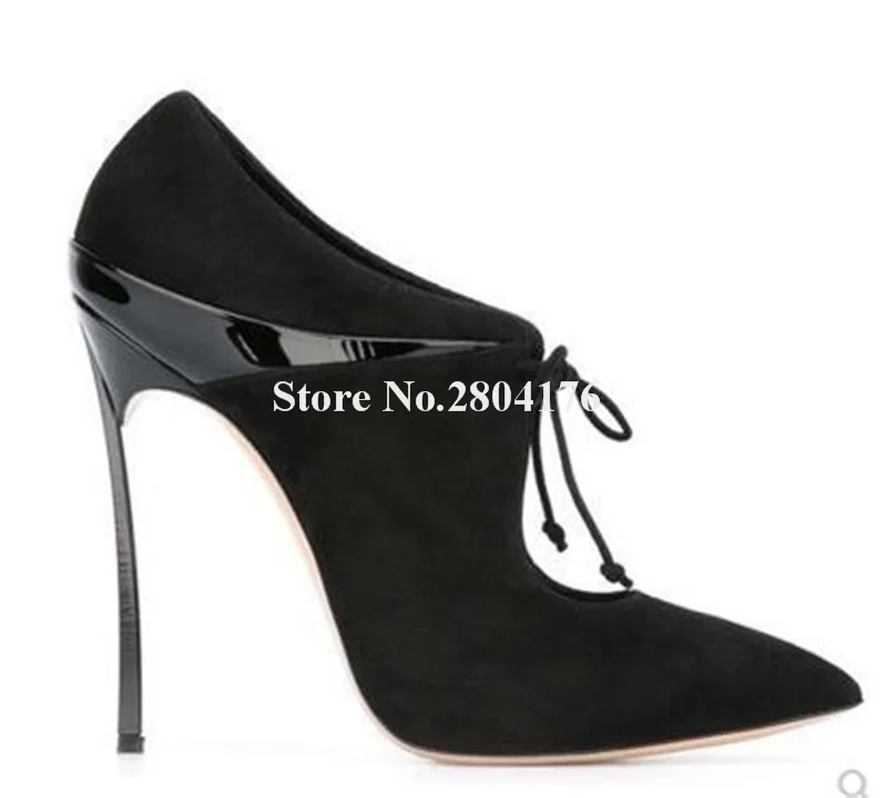 

Top Brand Design Women Fashion Pointed Toe Stiletto Metal Heel Short Boots Lace-up Suede Ankle Booties 12cm Boots
