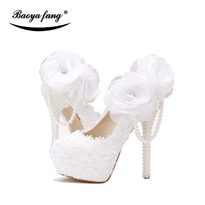 BaoYaFang white flower Women wedding shoes Bride Party dress shoes woman High heel platform shoes ladies handmade Lace shoe